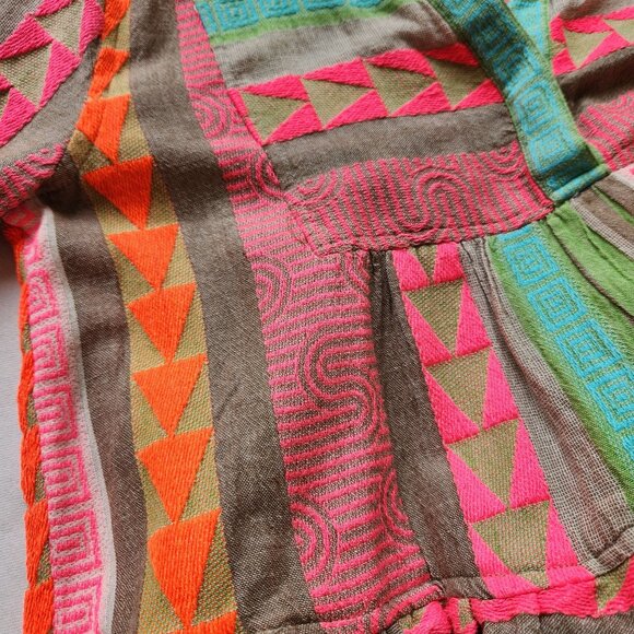 Colorful Neon Aztec Geometric Mini Babydoll Dress Bell Sleeves Summer Coquette - Picture 8 of 10